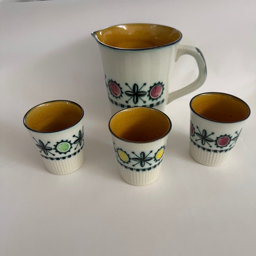 Rare Vtg 1950s Royal Goedewaagen Holland Pitcher 3 Cups Set Mid‎ Century Floral - Picture 8 of 13